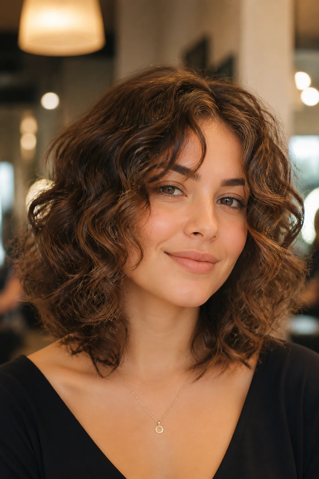 Real woman with shoulder-length curly lob and face-framing layers