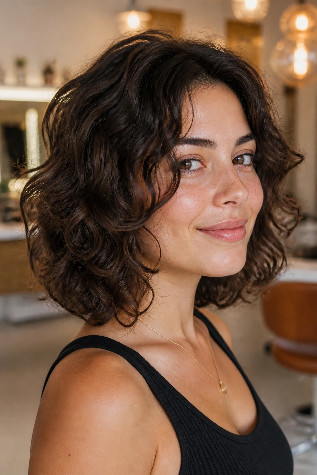 Close-up of real person with shoulder-length curly lob featuring hidden internal layers