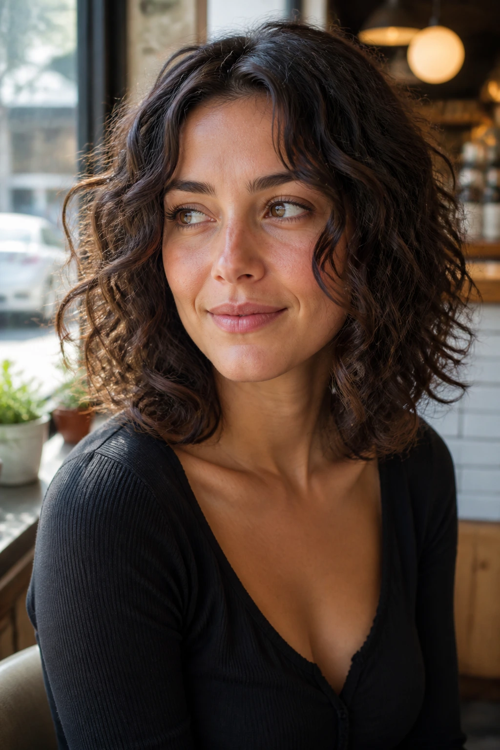 Real woman with shoulder-length lob and soft layers framing the face