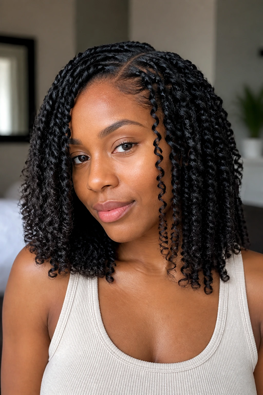 Close-up of shoulder-length passion twists on real person