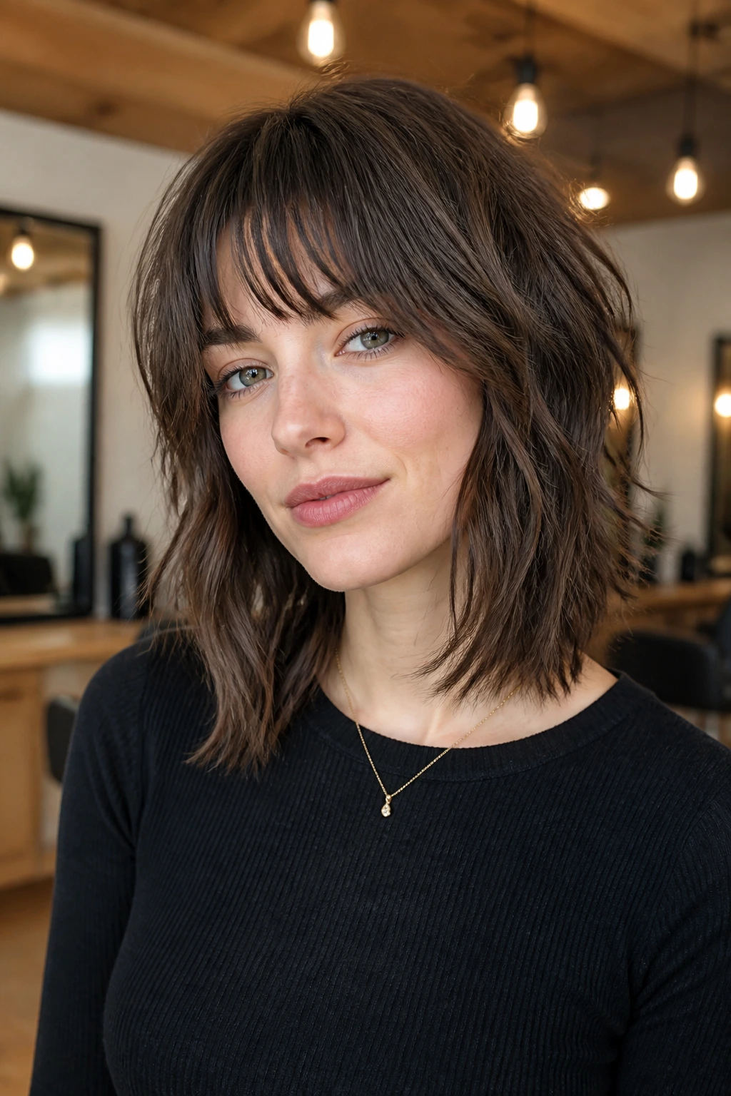 Close-up of a person with shoulder-length razor shag