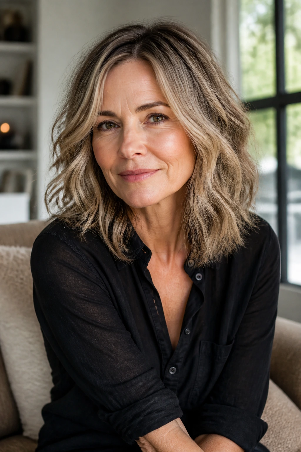 Close-up portrait of a real woman with shoulder-length riff hairstyle