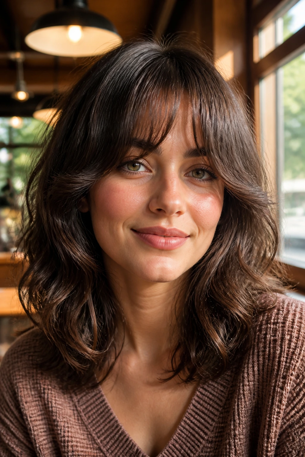 Close-up of a real woman with shoulder-length rounded bangs in sunlit cafe light