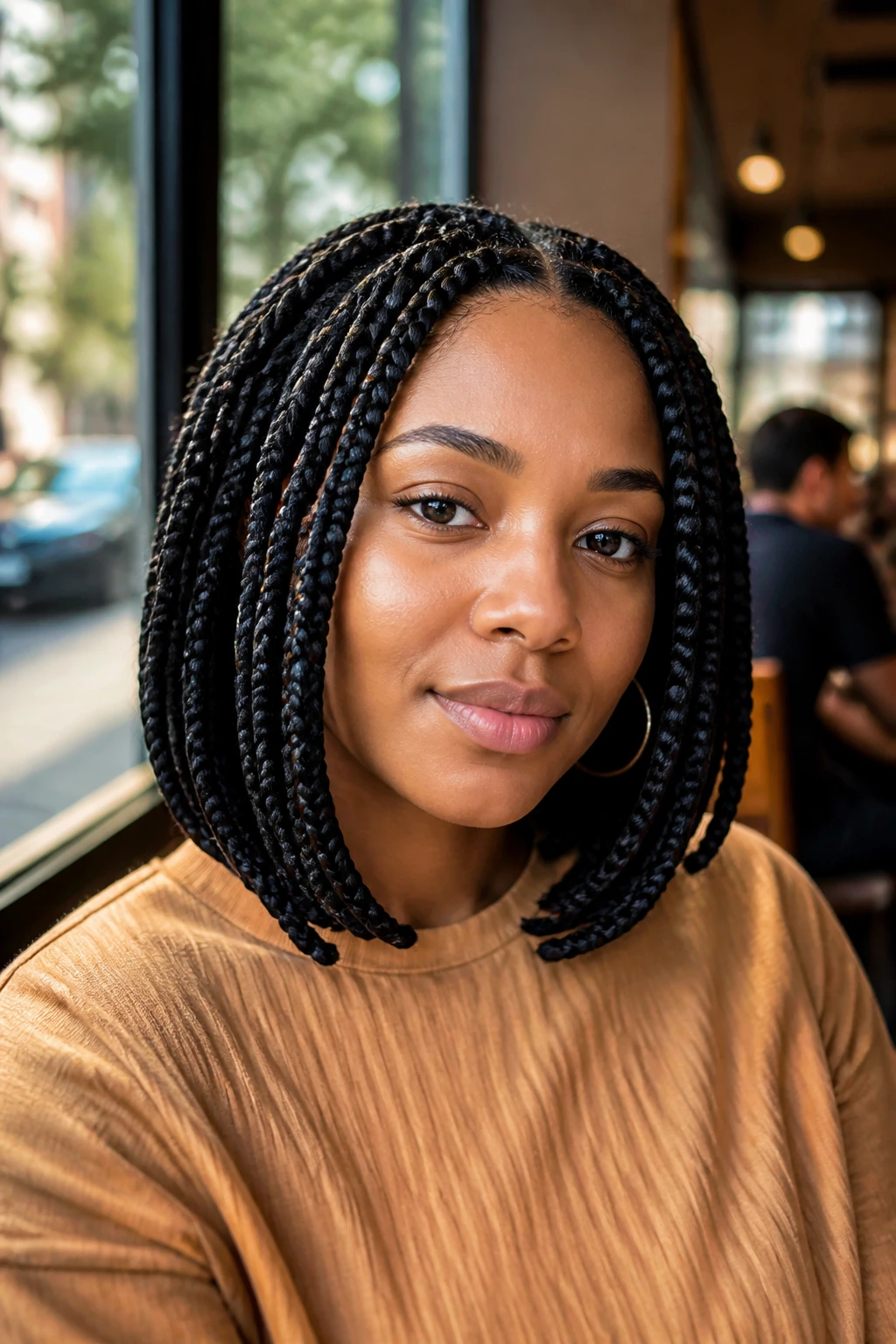Shoulder-length rounded frame jumbo box braids close-up portrait