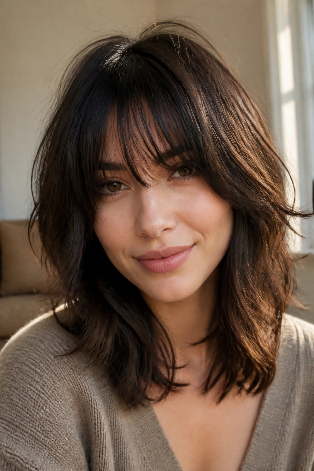 Close-up brunette with shoulder-length shag and long fringe in warm window light.