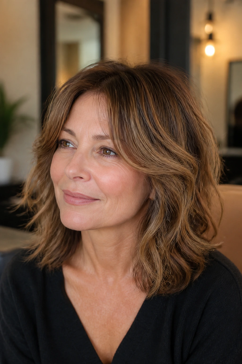 Close-up portrait of a woman with shoulder-length shag and caramel highlights in a salon