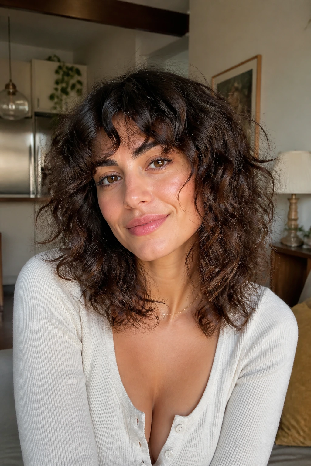 Real woman with shoulder-length curly shag and airy ends