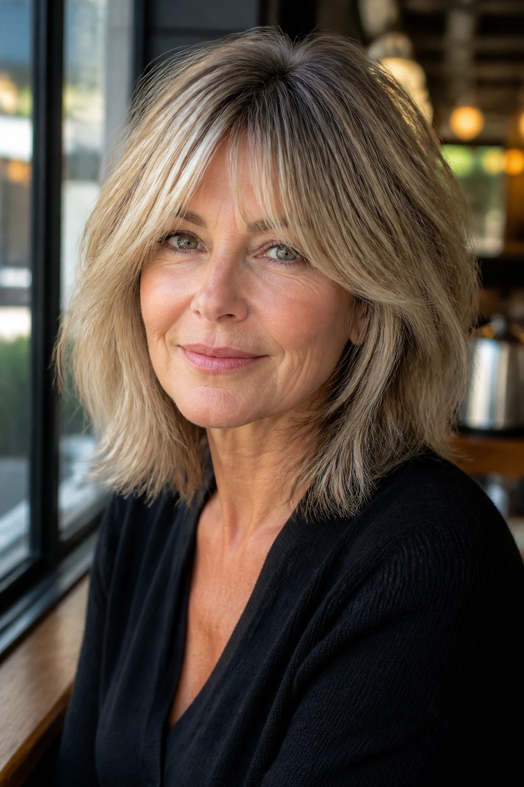 Close-up of a real woman with shoulder-length shag and curtain bangs at a cafe window