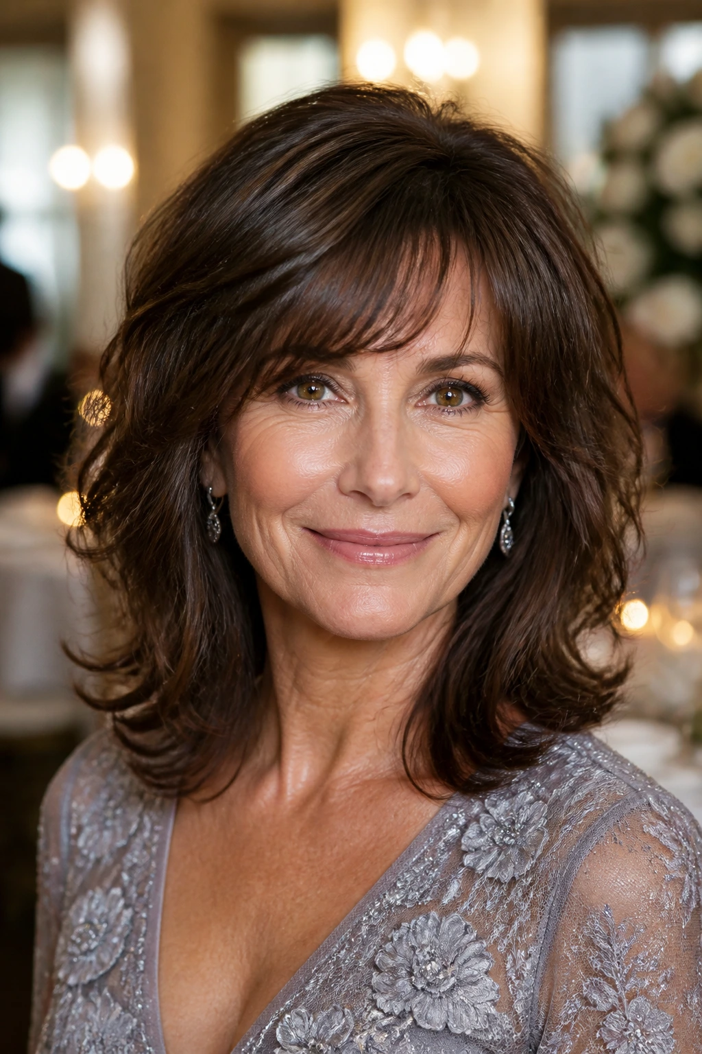 Close-up of a real woman with a glossy shoulder-length shag hairstyle
