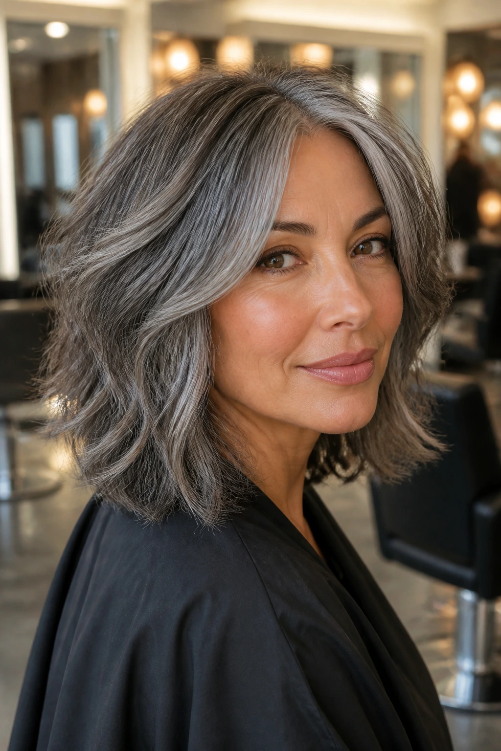 Close-up of a real person with shoulder-length shag and controlled volume under salon lighting