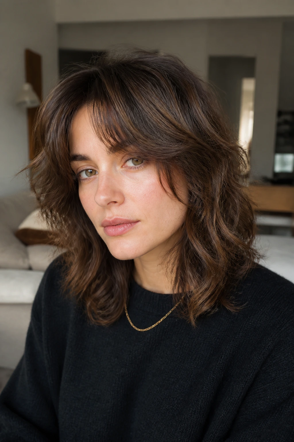 Close-up of a real person with Shoulder-Length Interior-Layer Shag showing soft interior layers.