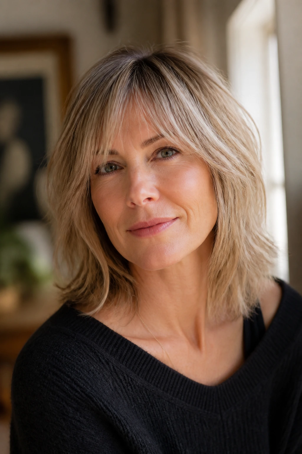 Close-up of real woman with shoulder-length airy shag and light fringe