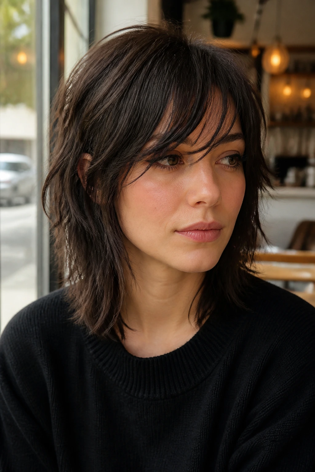 Shoulder-length shag with side-swept bangs on a real person.