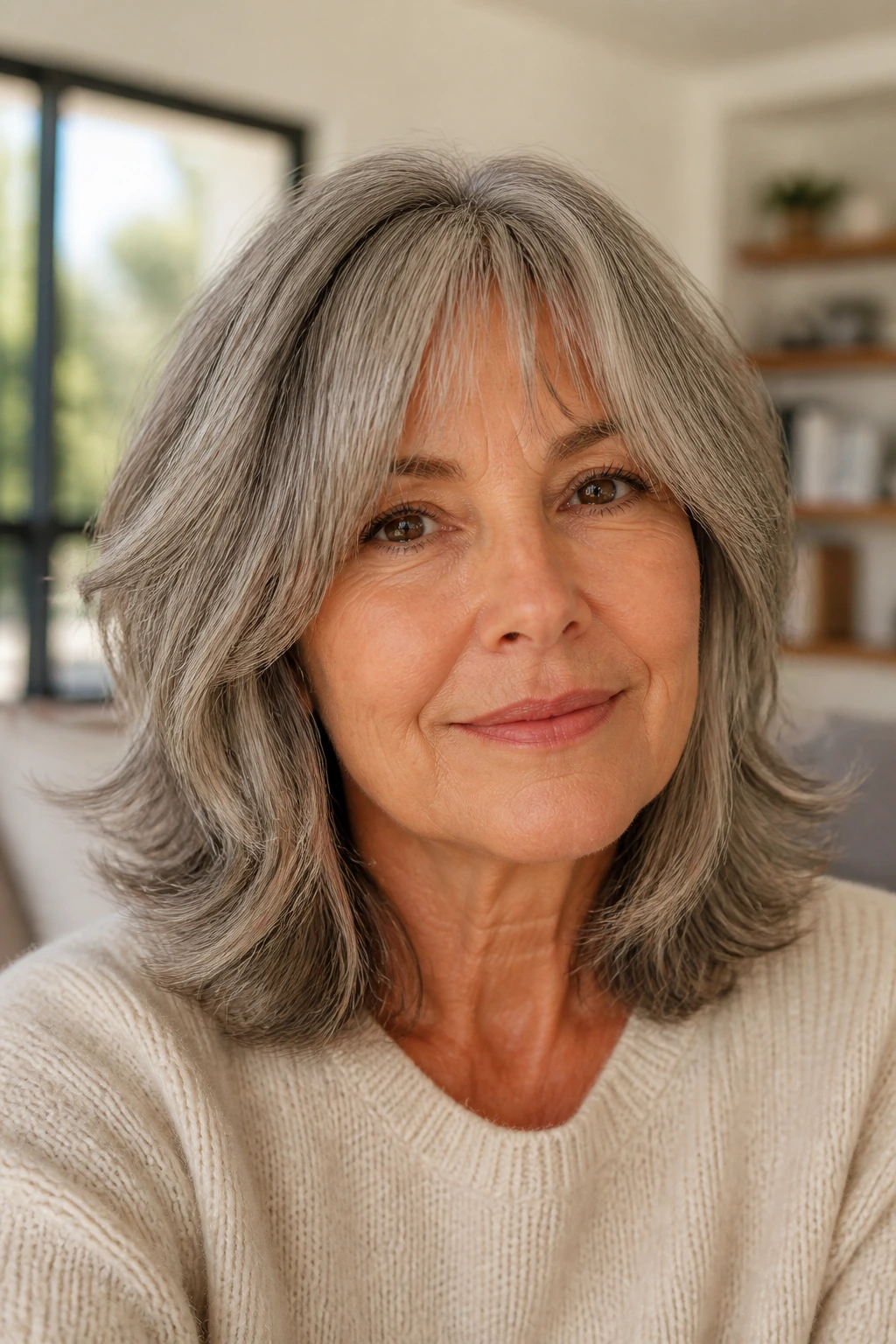 Portrait of a woman with shoulder-length shag hairstyle.