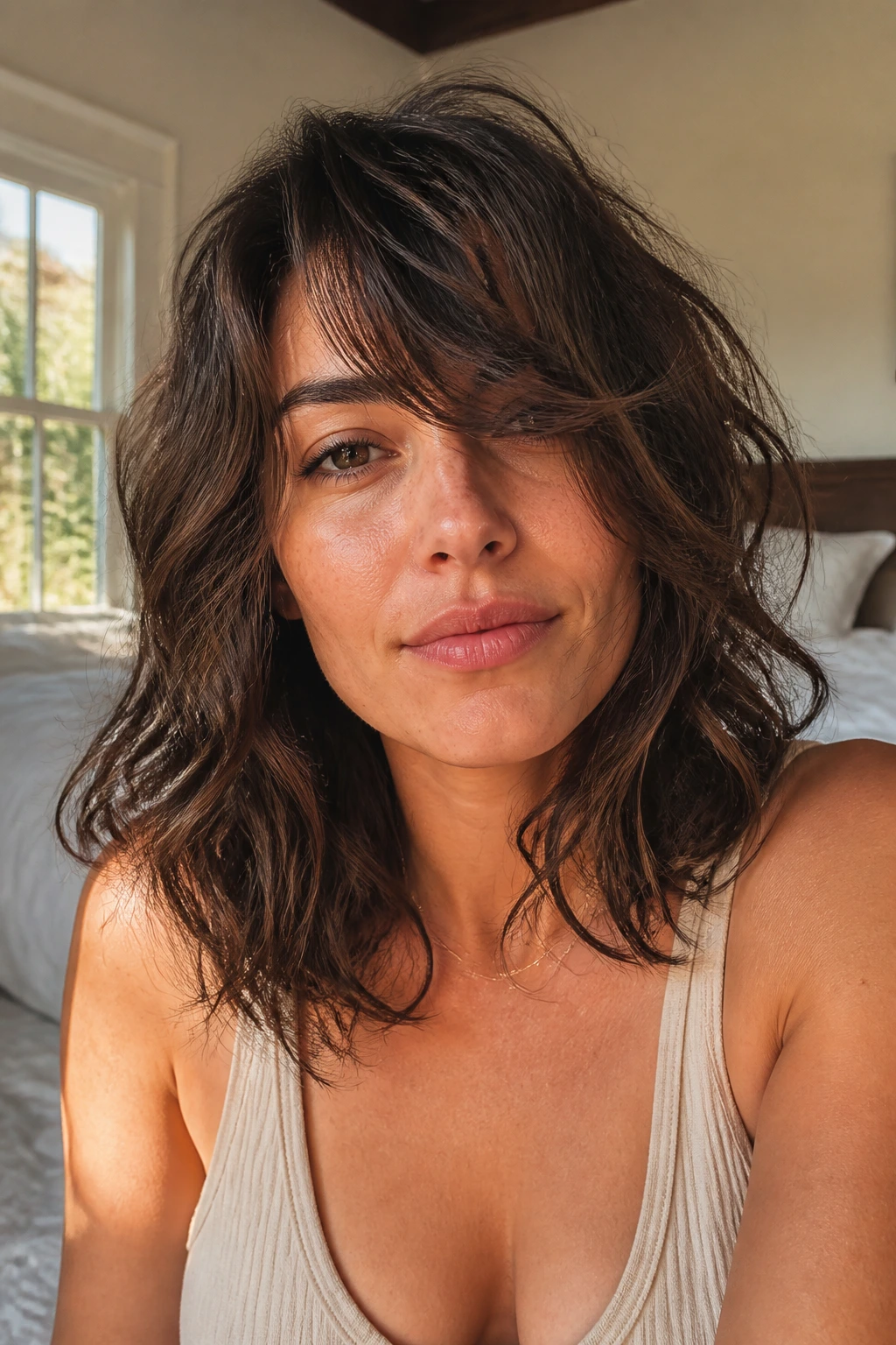 Portrait of a real woman with shoulder-length bedhead shag in natural morning light