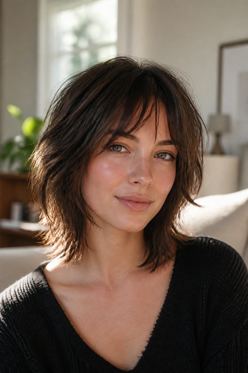 Portrait of shoulder-length shag with wispy bangs on a real person