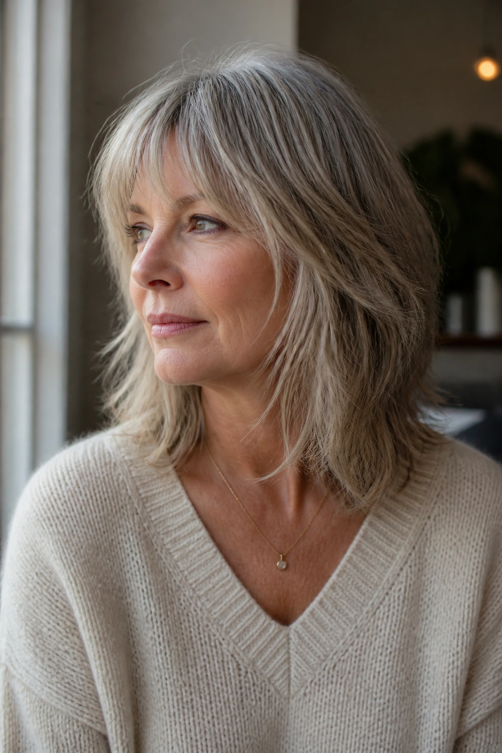 Real woman with shoulder-length shag and wispy ends close-up