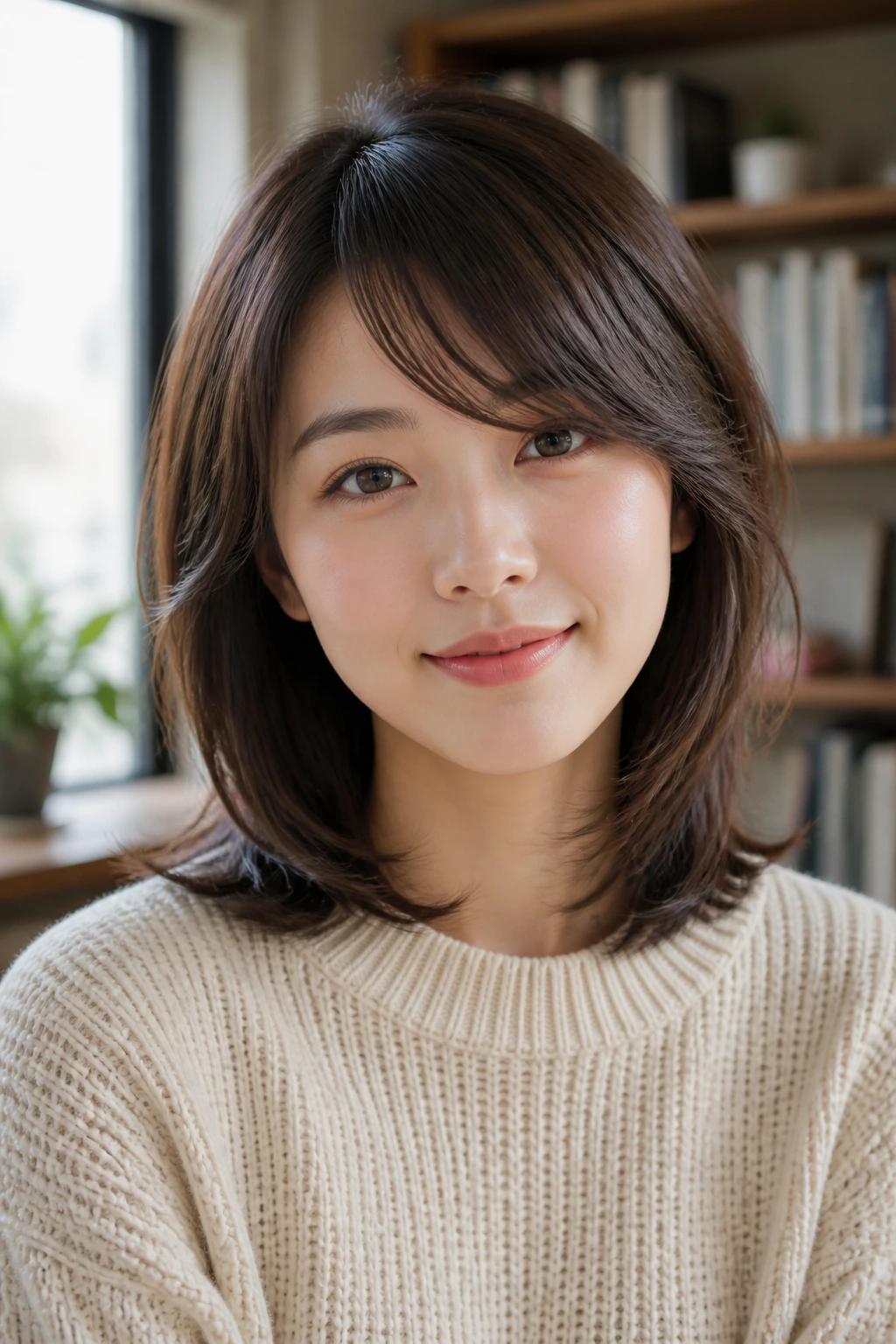 Close-up of a real woman with shoulder-length hair and side-swept bangs
