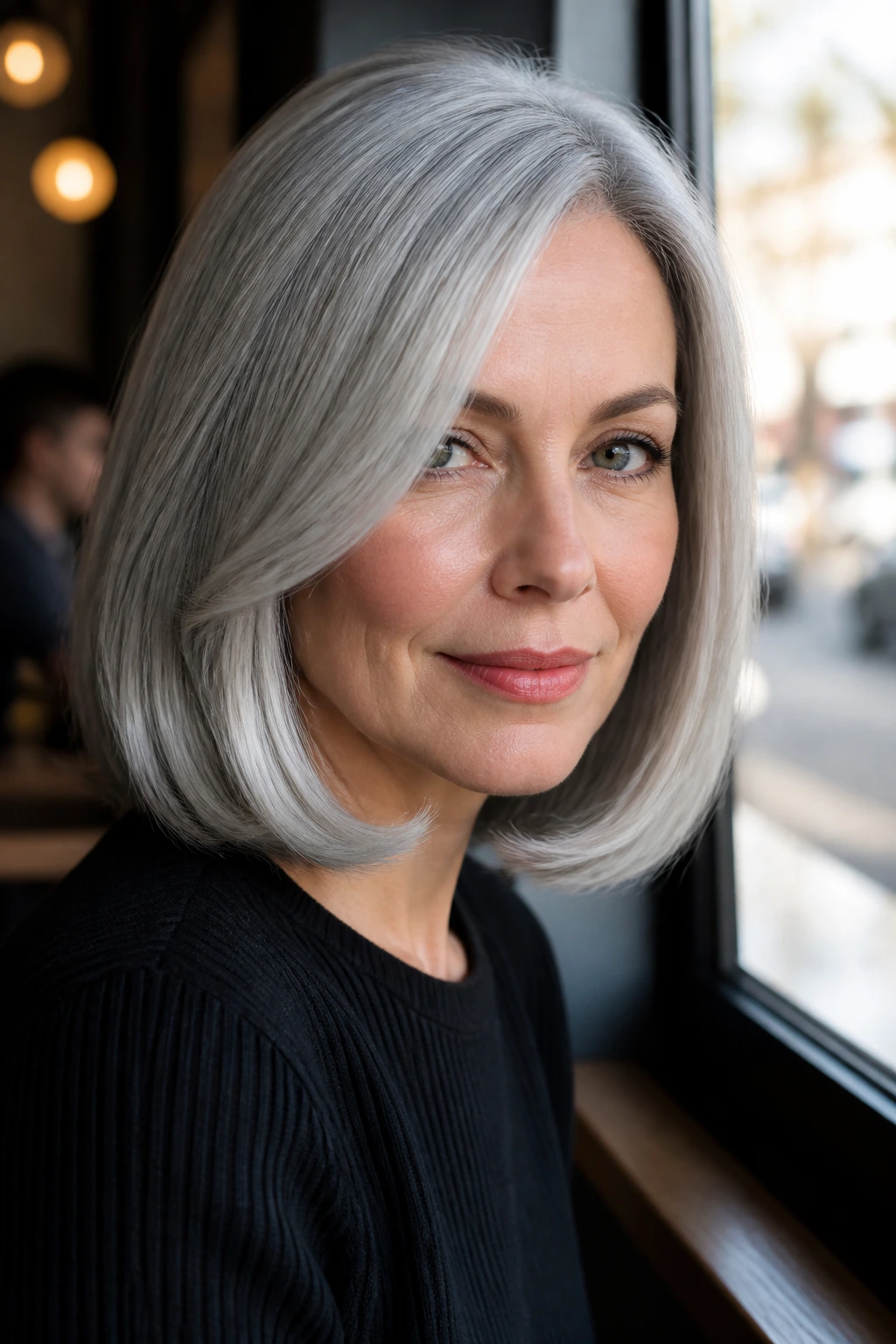 Close-up portrait of a real person with shoulder-length silver flip and underbend