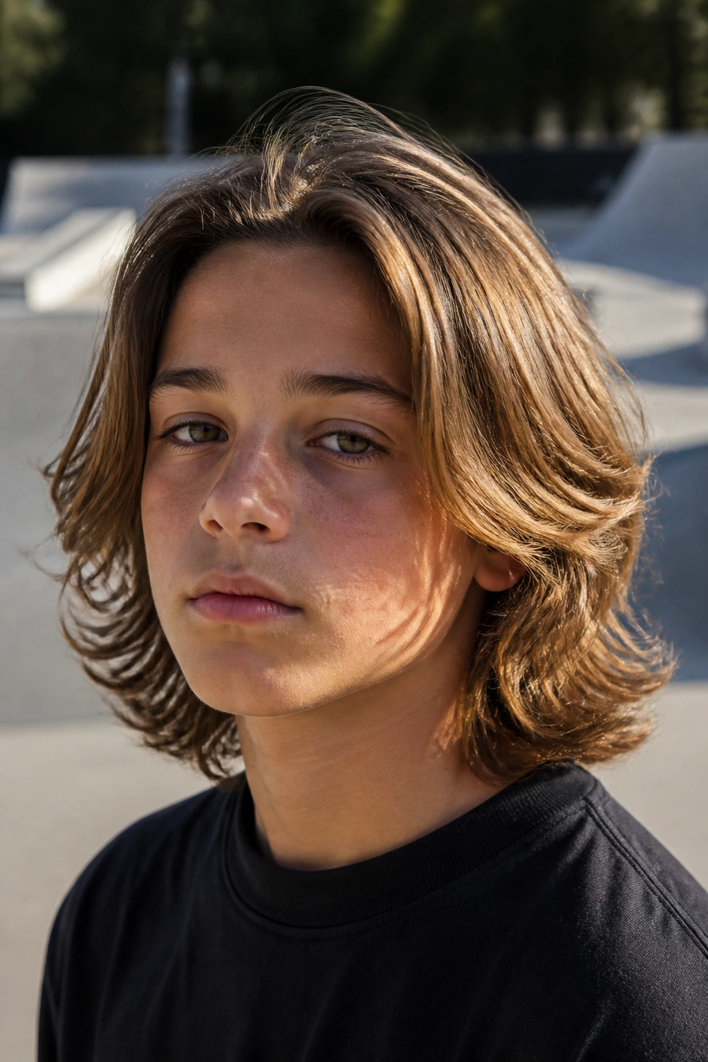 Boy with shoulder-length textured hair at a skate park.