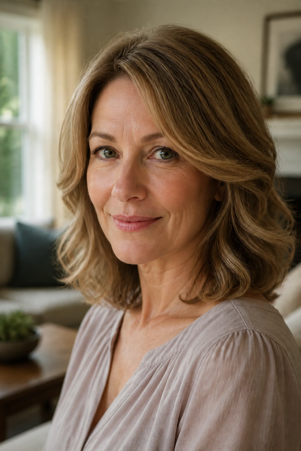 Close-up portrait of a real woman with shoulder-length hair in a versatile mid-length style