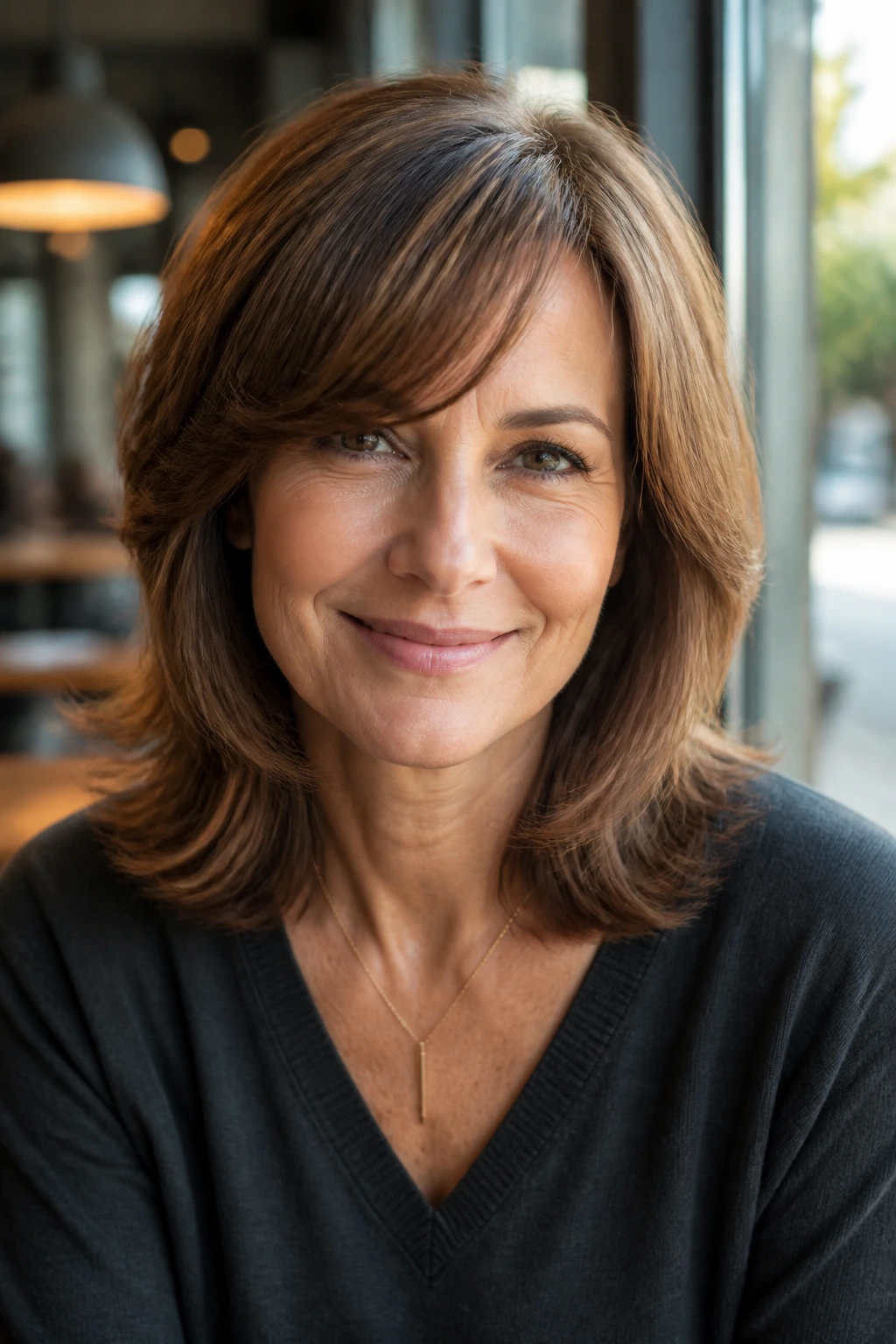 Woman with shoulder-length swoop and tapered ends