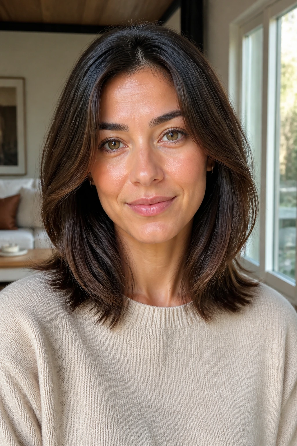 Close-up of a real woman with shoulder-length thick hair featuring tapered ends, in warm window light.