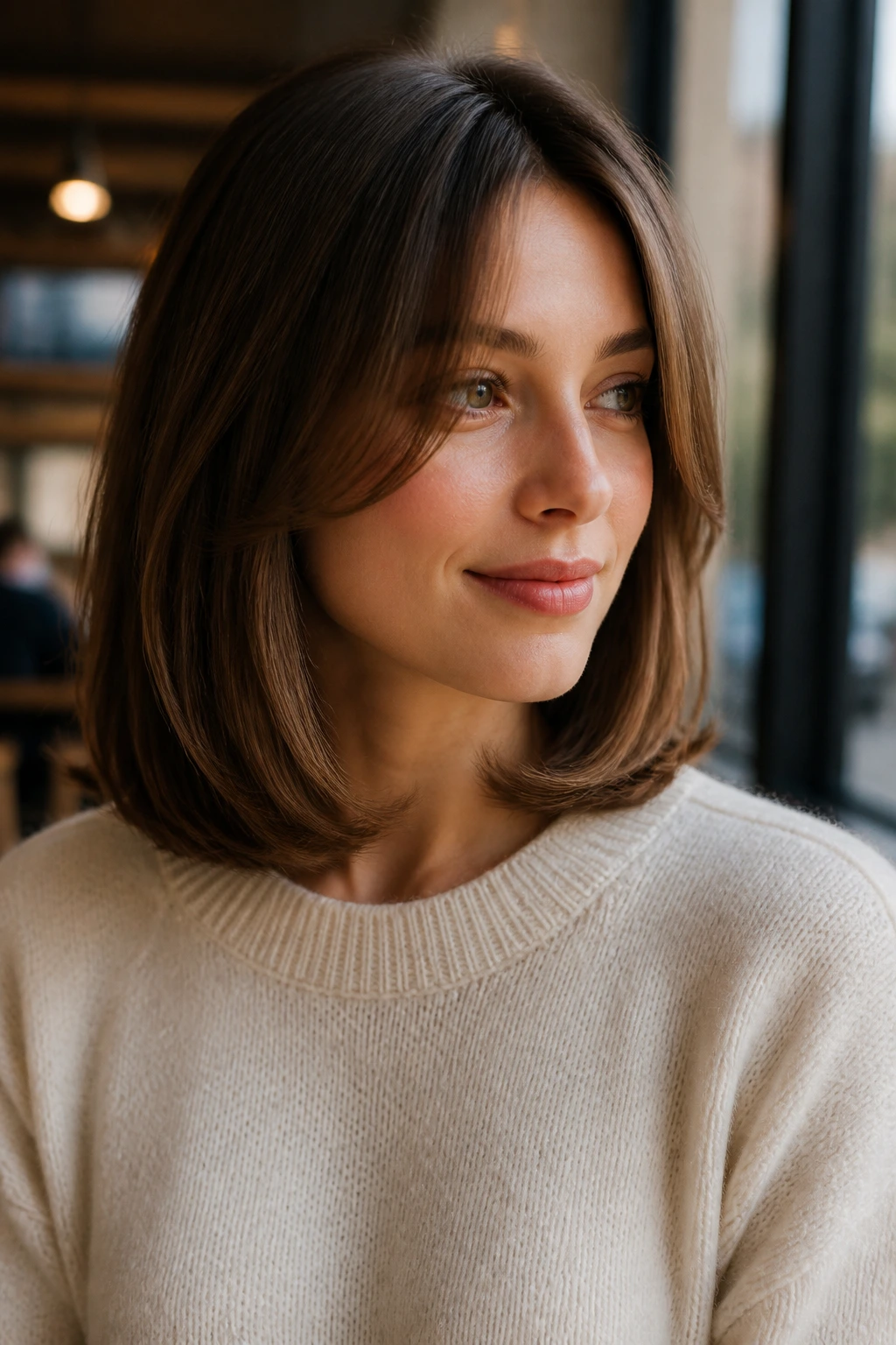 Close-up of a real woman with shoulder-length hair and tucked ends.