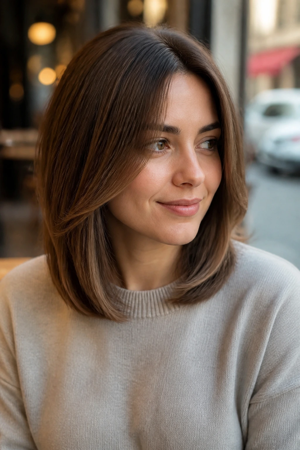 Close-up portrait of a real woman with shoulder-length U-cut hairstyle