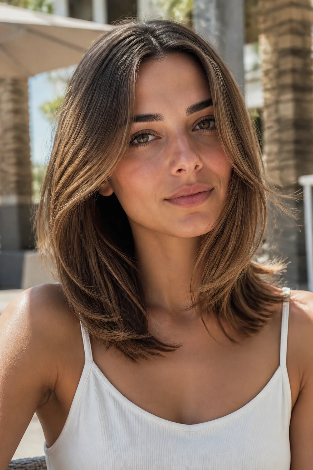 Portrait of a real woman with shoulder-length U-cut in outdoor light