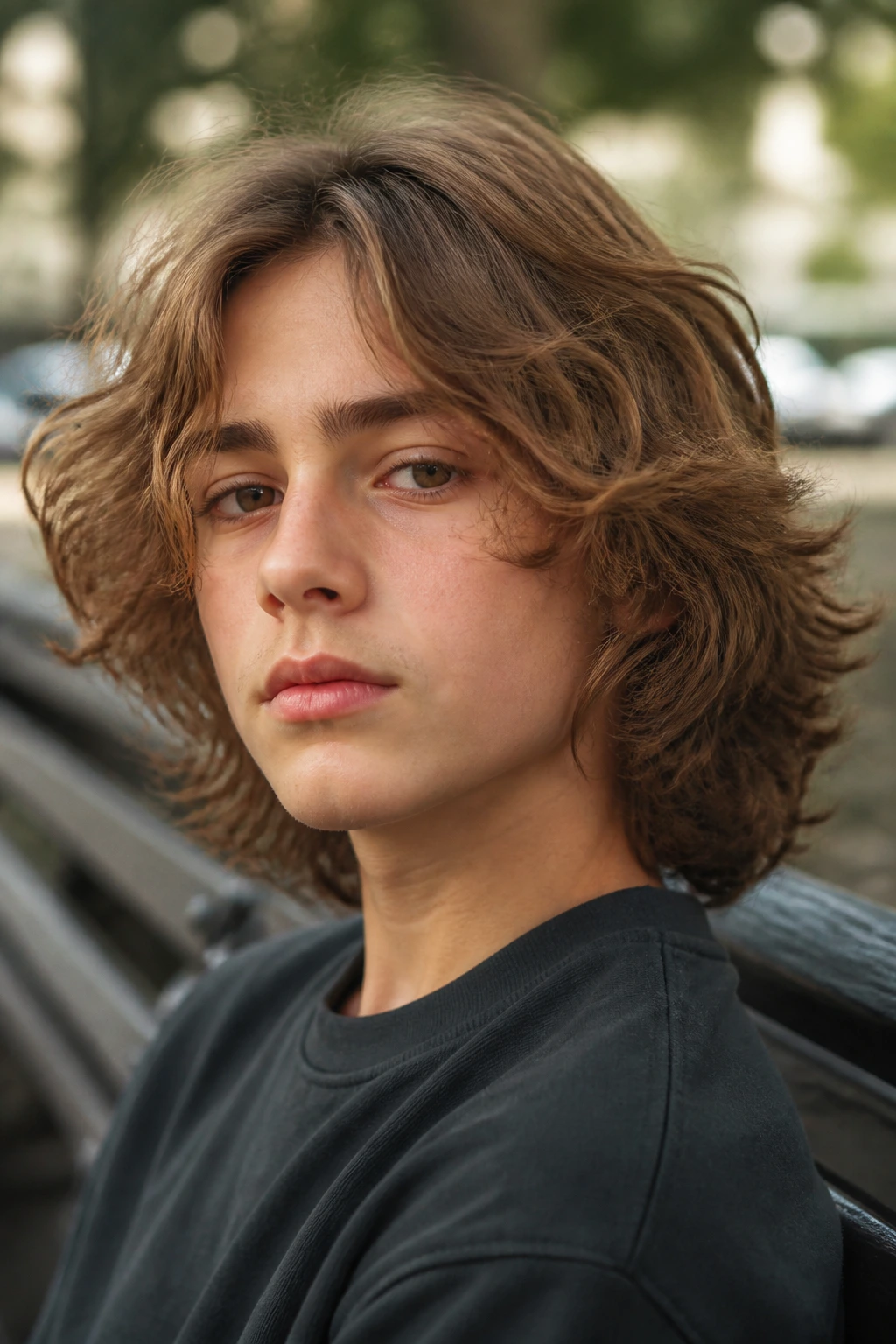 Portrait of a real boy with shoulder-length undone layers hairstyle