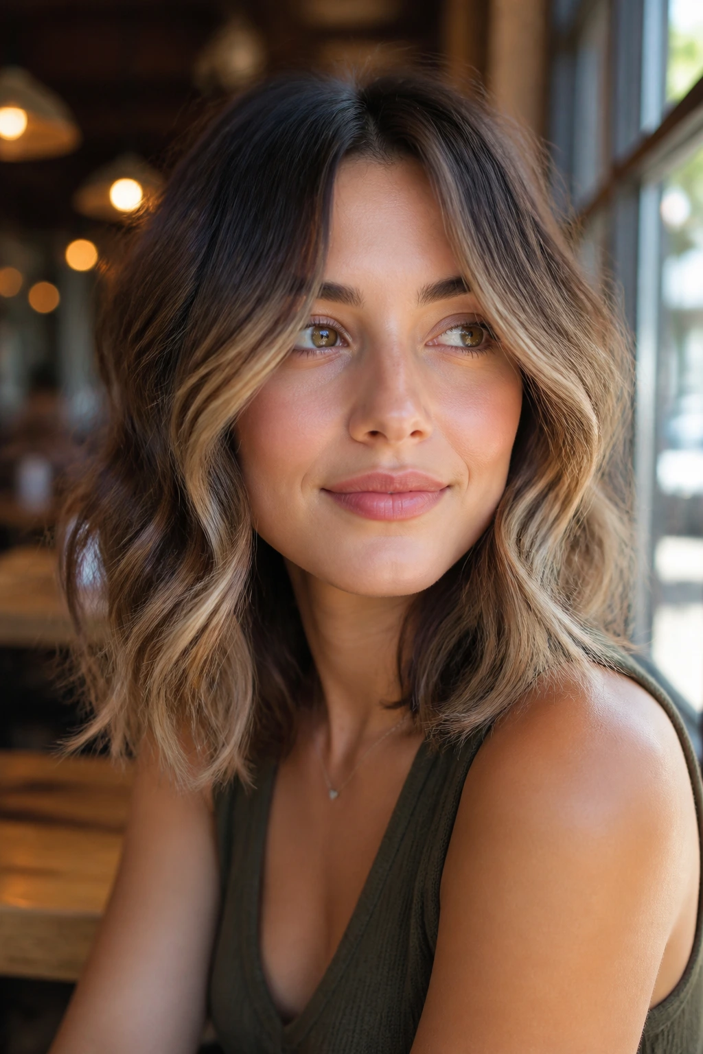 Portrait of a woman with shoulder-length waves and airy ends
