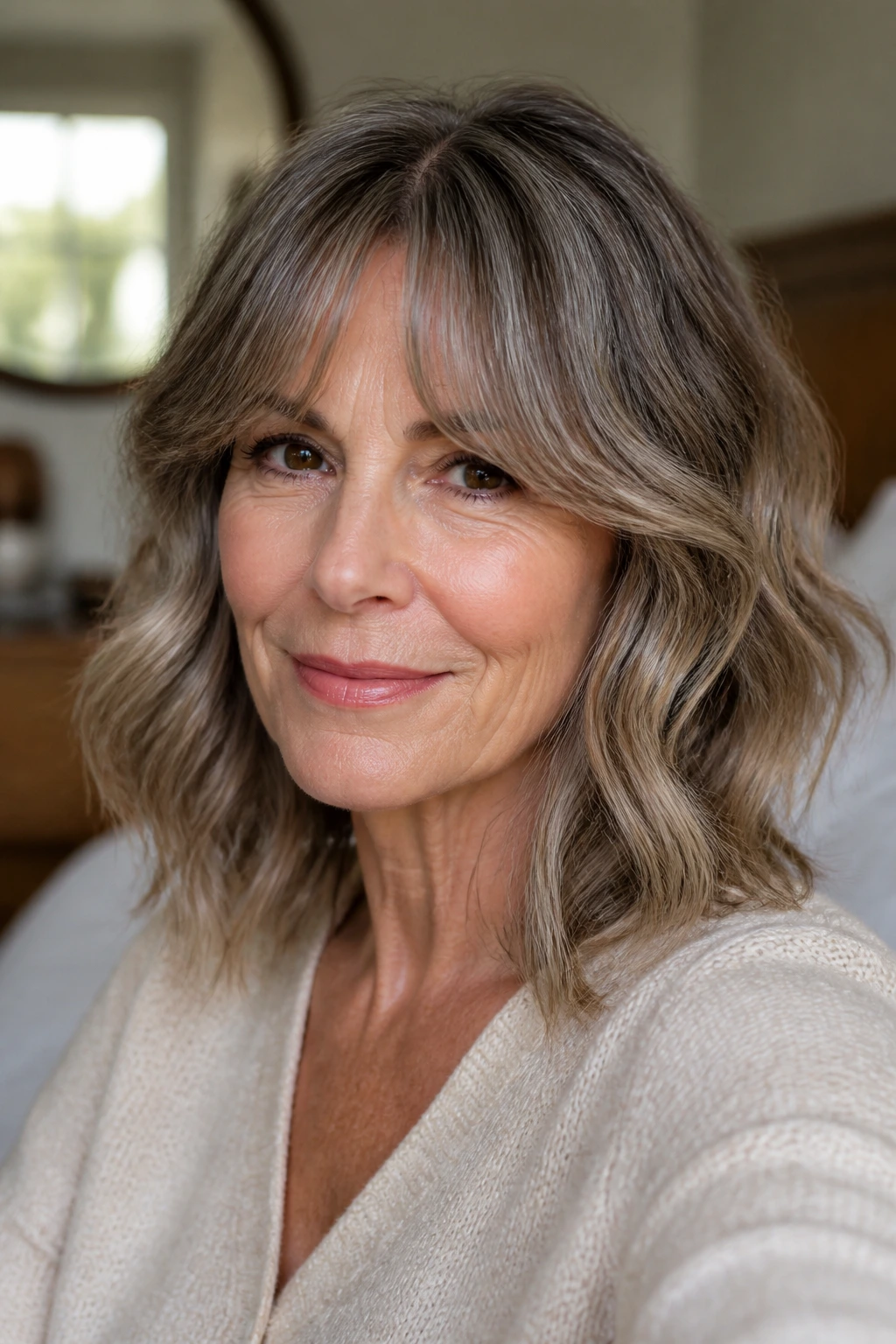 Close-up of real woman with shoulder-length wavy hair and curtain bangs in a cozy room