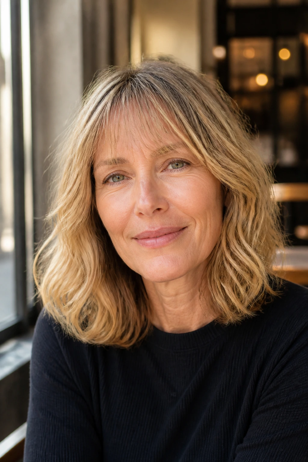 Close-up of a woman with shoulder-length wavy hair and a barely-there fringe