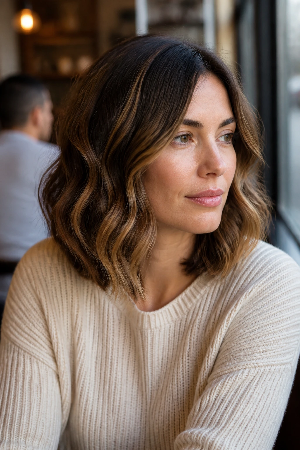 Portrait of a real woman with shoulder-length waves enhancing fullness