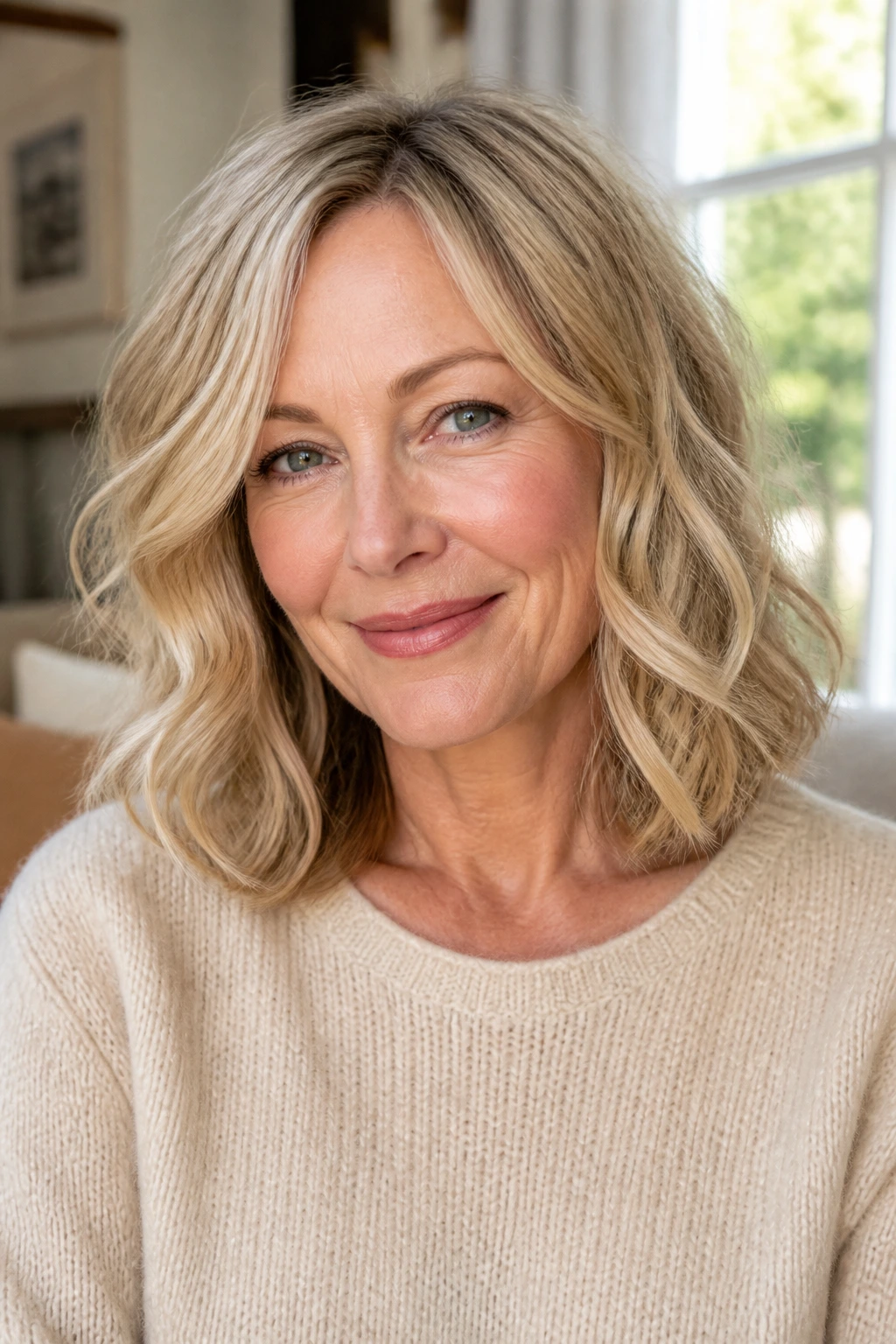 Real woman with shoulder-skimming waves, soft and moveable hair