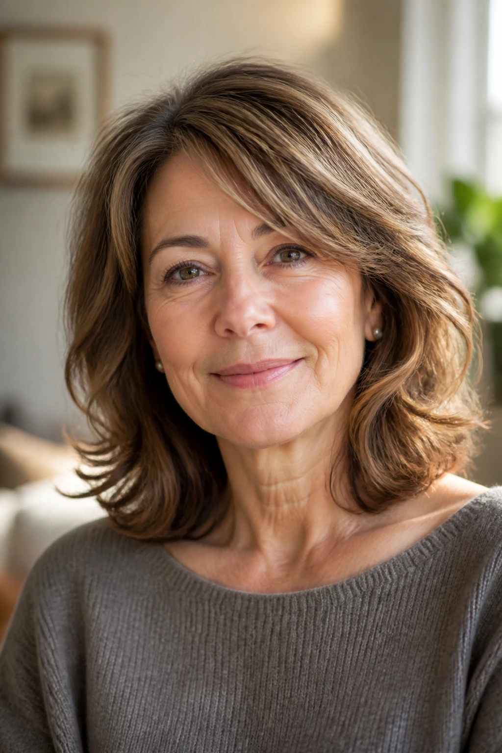 Portrait of a woman with shoulder-length cut and loose bends.