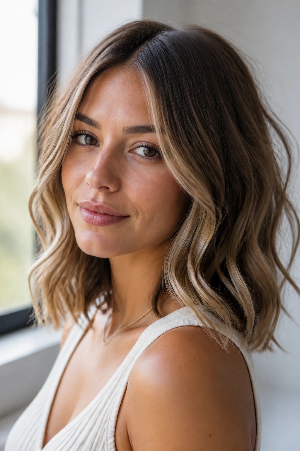 Woman with shoulder-length waves and subtle money pieces in bright natural light