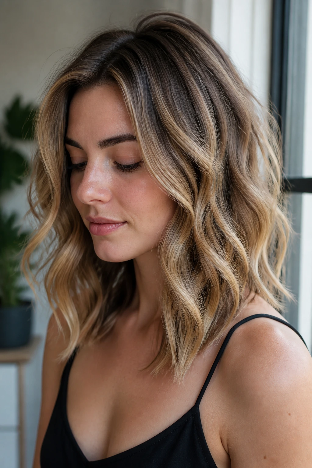Close-up of shoulder-length waves with ribbon highlights on a real person