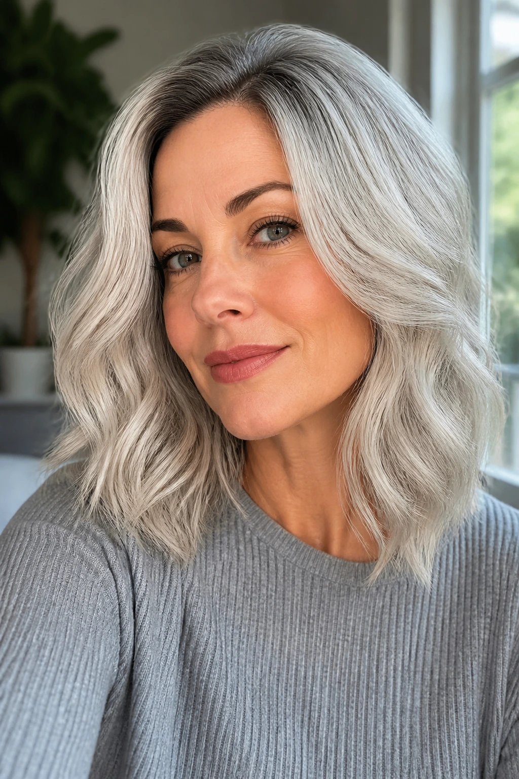 Real woman with shoulder-length soft waves and shadow root