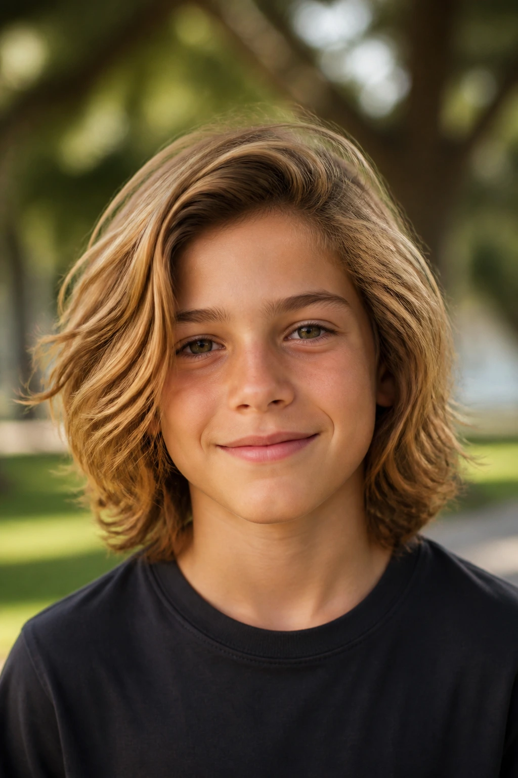 Boy with shoulder-length waves surfer-style haircut portrait outdoors