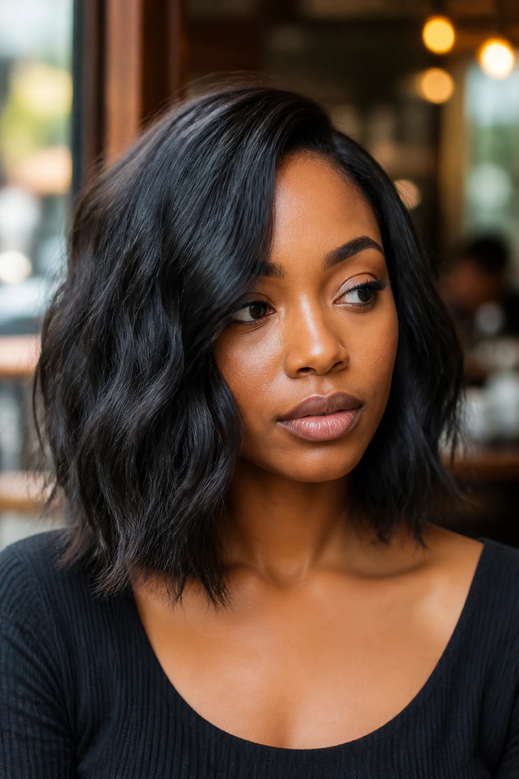 Portrait of a real person with a shoulder-length wavy lob and airy ends