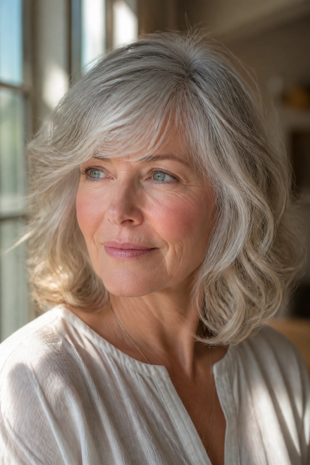 Senior woman with shoulder-length wavy haircut showing variations