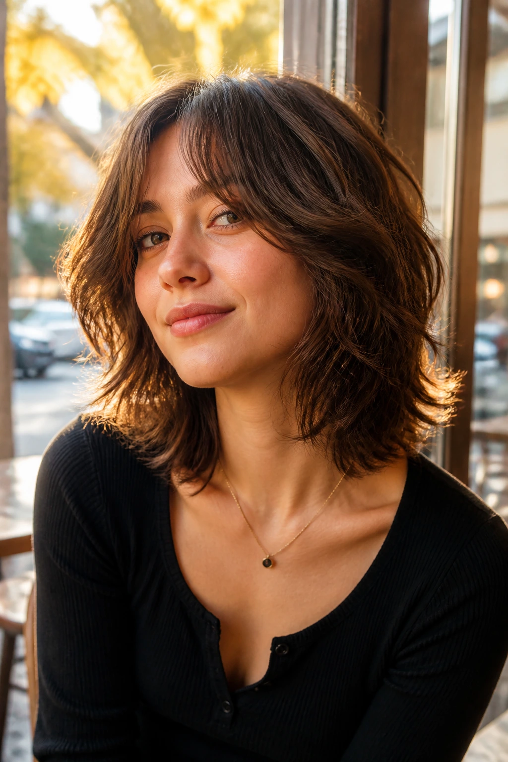 Medium-close portrait of a real woman with shoulder-length wolf cut at golden hour