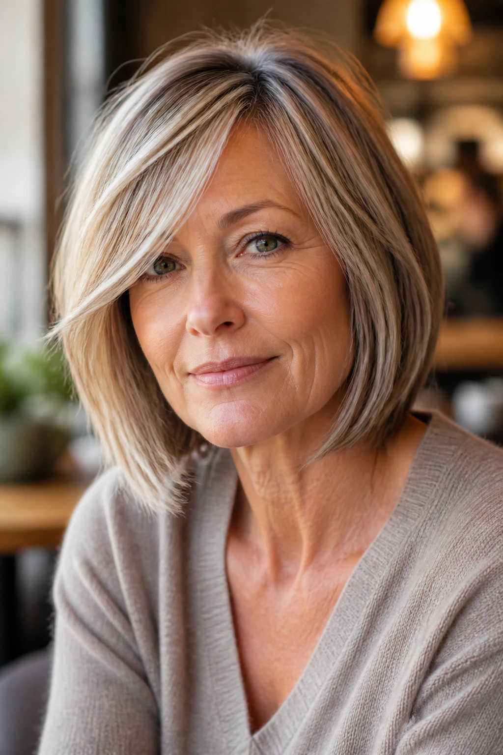 Portrait of a woman with a shoulder-skimming bob and side-swept front