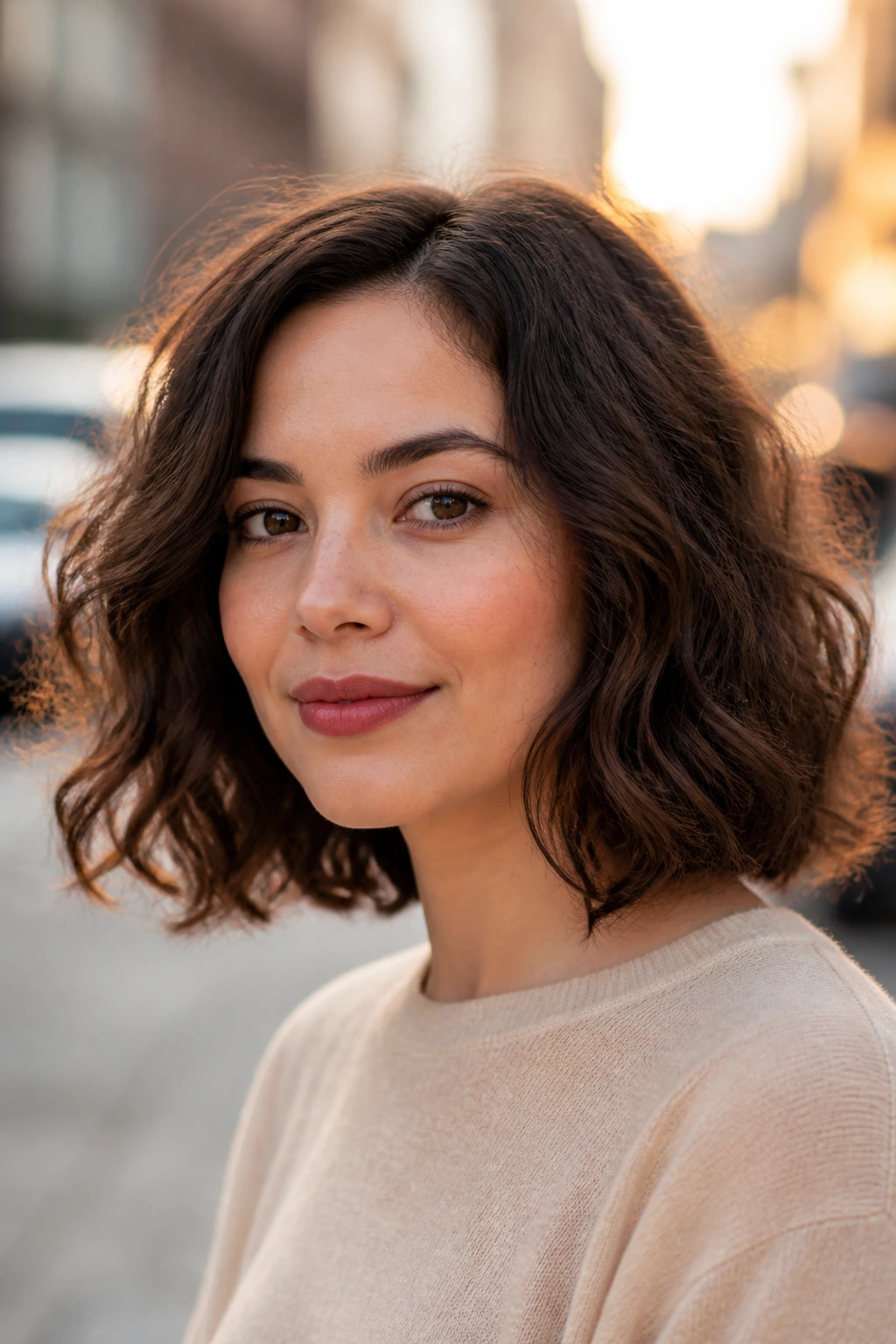Close-up portrait of a real woman with shoulder-skimming wavy bob