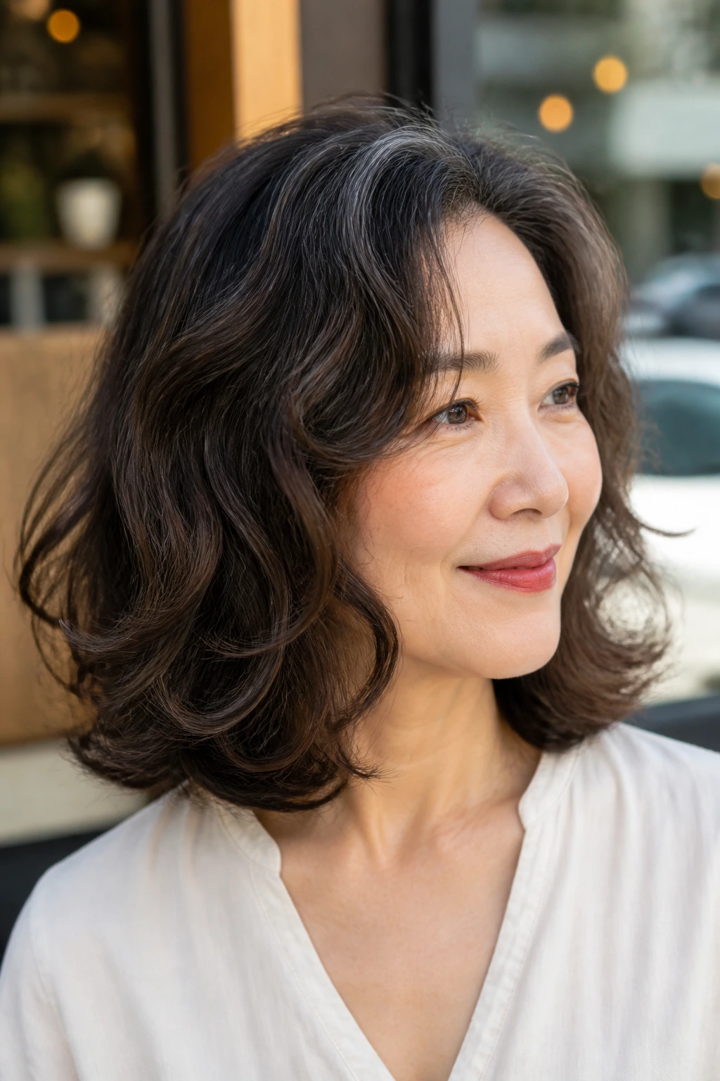 Portrait of a real woman with a polished shoulder-skim lob and soft bend at the ends