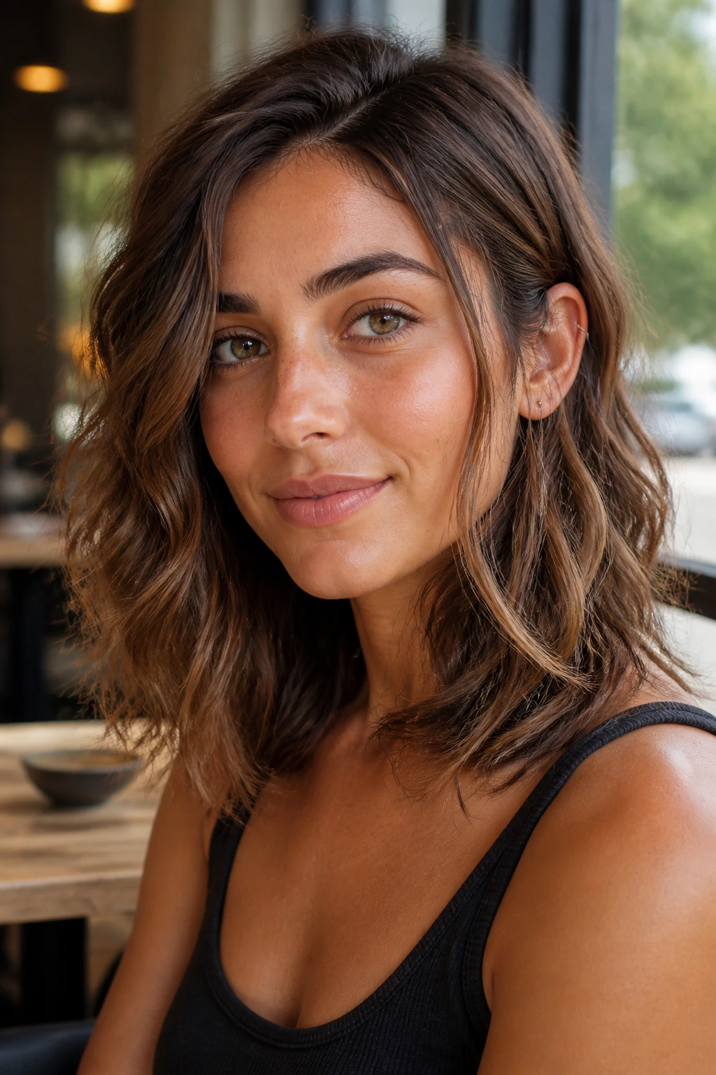 Close-up of a real woman with shoulder-skimming curls and long front corners framing the face
