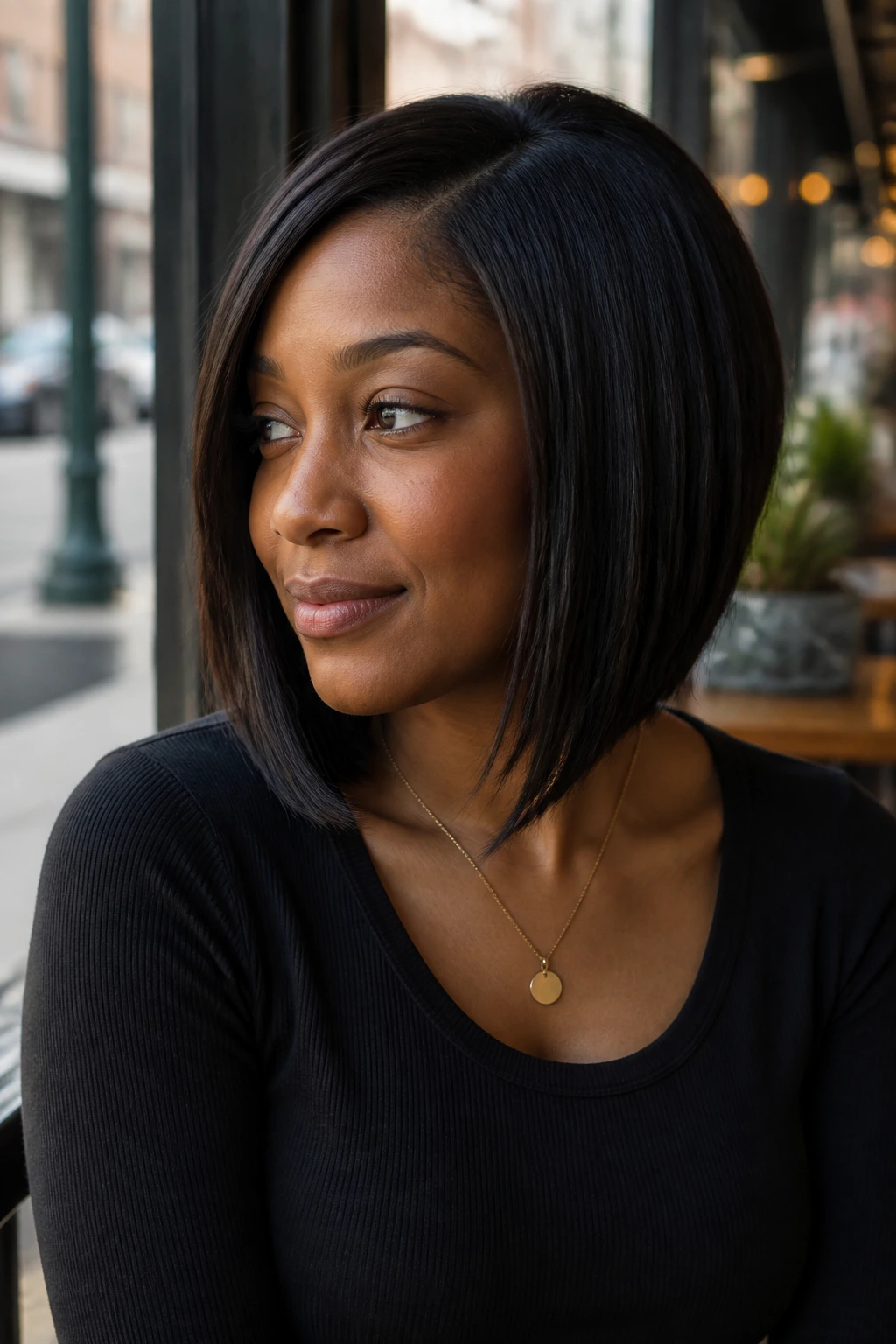 Close-up of real woman with shoulder-skimming angled lob