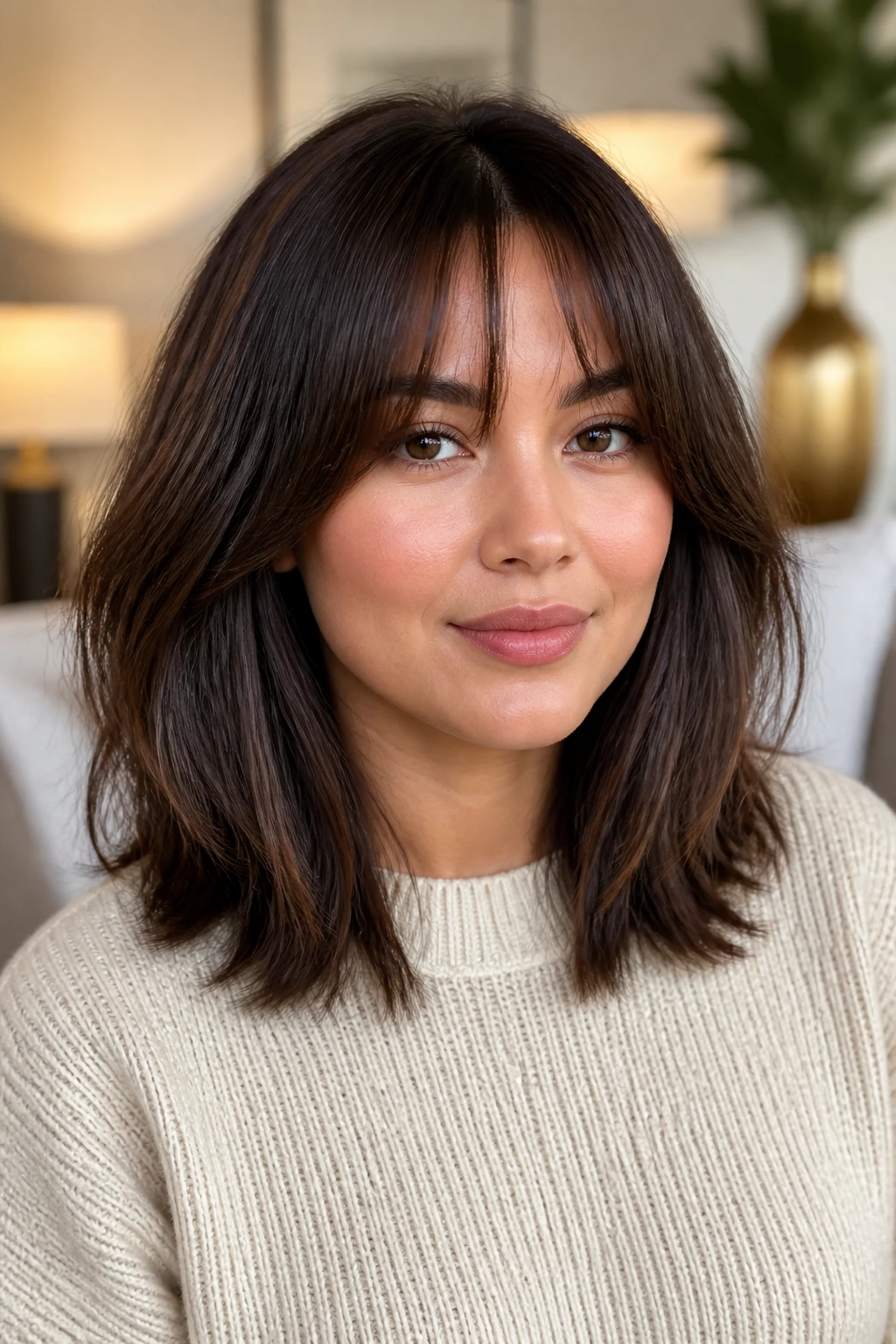 Close-up of a real person with shoulder-skimming hair and bottleneck bangs